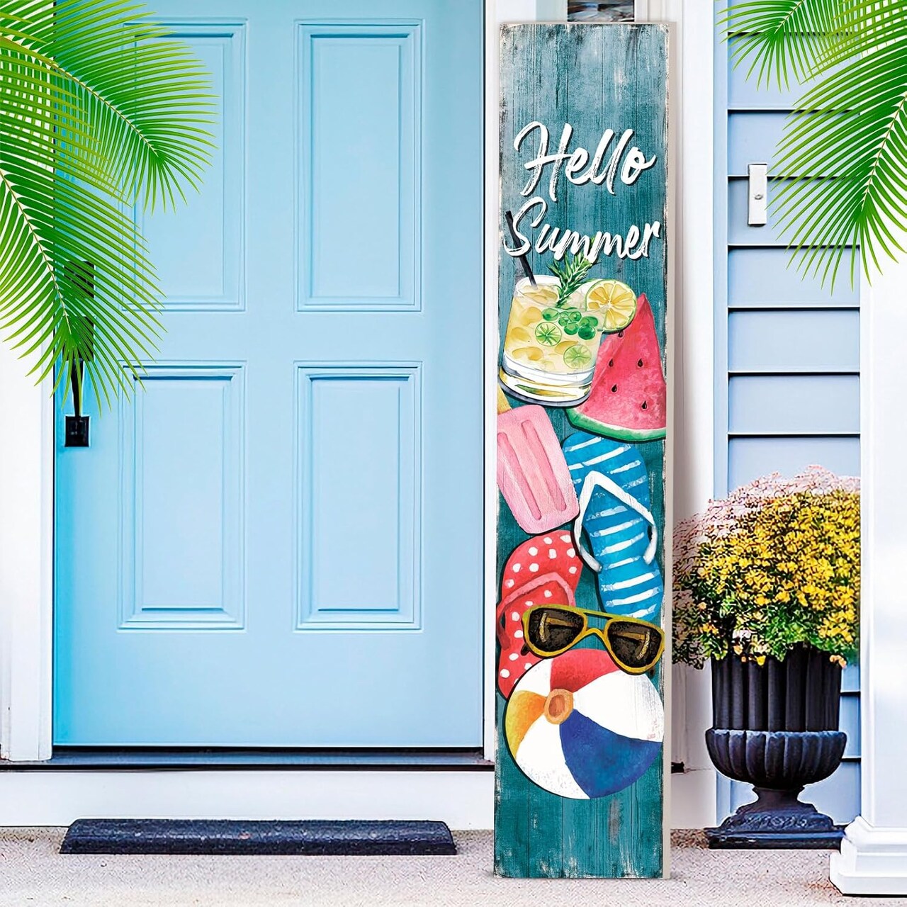 Summer Porch Sign Wooden Summer Sign for Front Porch Standing Vertical Welcome Porch Sign Rustic Watermelon Sunglasses Front Porch Decor for Farmhouse Door Porch Decoration, 42" H
